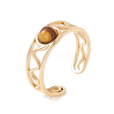 Natural Gemstone Half Round Open Cuff Ring RJEW-B039-04G-1