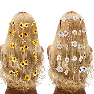 2Pcs 2 Colors Cloth Sunflower Hippie Headband Floral Crown OHAR-CP0001-15-1