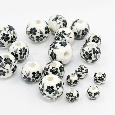 Floral Printed Porcelain Beads Strands PORC-Q201-6-12mm-5-1