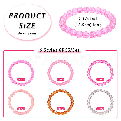 6Pcs 6 Styles 8mm Glass Round Beaded Stretch Bracelet Sets BJEW-TAC0023-1