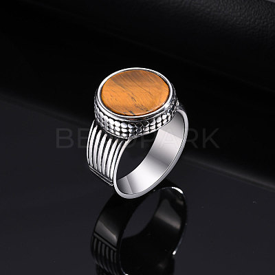304 Stainless Steel with Natural Tiger Eye Finger Rings for Men FS-WGE1297-03-1