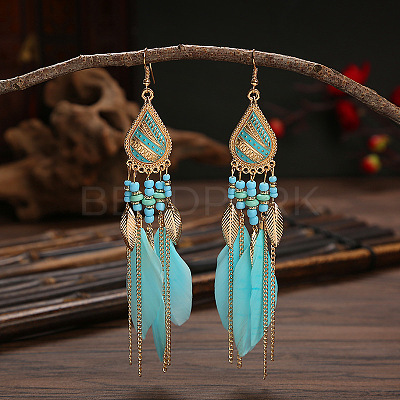 Feather Alloy Seed Beads Dangle Earrings FS-WGA085C-05-1