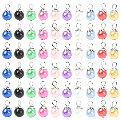 50Pcs 10 Colors Glass Pearl Round Bead Pendants PALLOY-YW00151-1