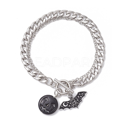 Halloween Alloy Enamel Bat and Dyed Synthetic Turquoise Pumpkin Charm 304 Stainless Steel Bracelet Sets BJEW-JB12446-03-1