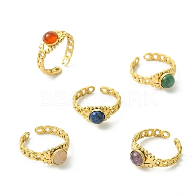 Natural Gemstone Horse Eye 304 Stainless Steel Cuff Open Rings for Women RJEW-JR01066-1