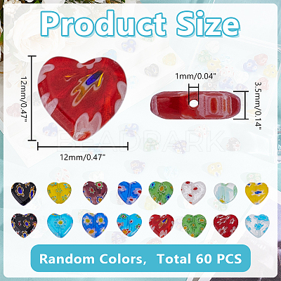 60Pcs Handmade Millefiori Glass Heart Beads LK-HY0001-01-1