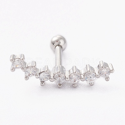 Brass Micro Pave Clear Cubic Zirconia Barbell Cartilage Earrings AJEW-P017-09P-1