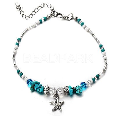 Synthetic Turquoise Chips Beads Anklets WGE754A-01-1