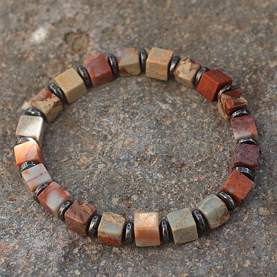 Cube Natural Shoushan Stone & Synthetic Non-magnetic Hematite Beads Stretch Bracelets for Women Men PF6426-2-1