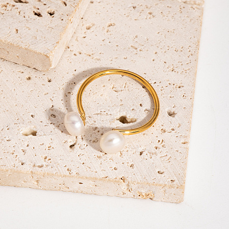 Natural Pearl Stainless Steel Adjustable Open Cuff Rings for Women JT3532-1-1