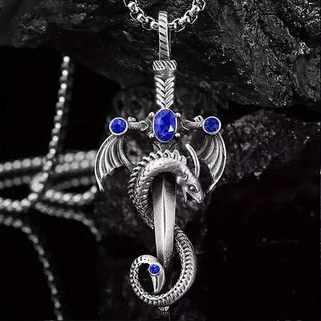 Alloy & 201 Stainless Steel & Rhinestone Dinosaur Wrapped Sword Pendant Necklaces for Men FS-WGFE8C1-06-1