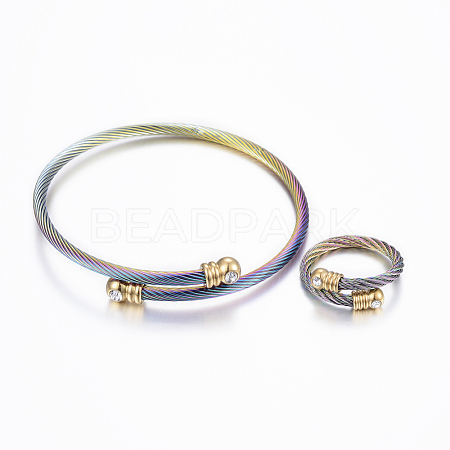 Trendy 304 Stainless Steel Torque Bangles & Rings Sets SJEW-H073-12A-1