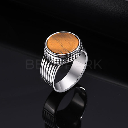 304 Stainless Steel with Natural Tiger Eye Finger Rings for Men FS-WGE1297-03-1