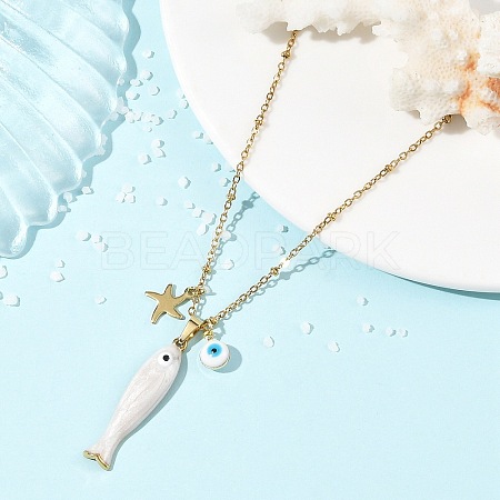 Brass Enamel Evil Eye & 304 Stainless Steel Fish Charms 304 Stainless Steel Chains Necklaces for Women NJEW-JN06382-02-1