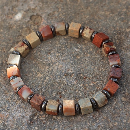 Cube Natural Shoushan Stone & Synthetic Non-magnetic Hematite Beads Stretch Bracelets for Women Men PF6426-2-1