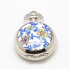 Openable Flat Round Alloy Flower Printed Porcelain Quartz Watch Heads for Pocket Watch Necklaces Making WACH-M111-02-1