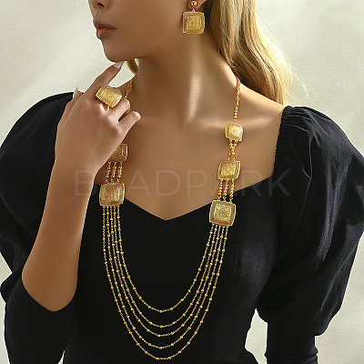 Bohemian Iron Hollow Square Multi-layer Necklaces & Stud Earrings & Cuff Rings Set for Women WD7231-1