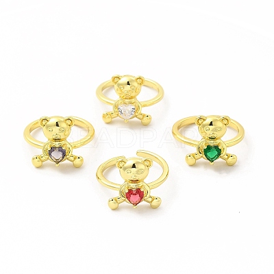 Glass Bear with Heart Open Cuff Ring KK-A180-39G-1