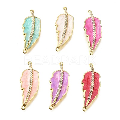 Brass Micro Pave Clear Cubic Zirconia Enamel Leaf Connector Charms KK-V011-25G-1