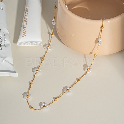 304 Stainless Steel Imitation Pearl Beaded White Flower Link Chain Necklaces for Women JG5548-1-1