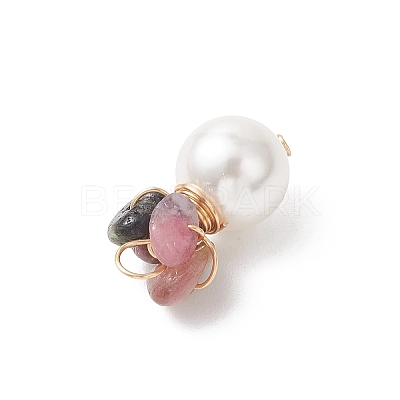 Natural Tourmaline Chip with Copper Wire Wrapped Shell Pearl Pendants PALLOY-JF04951-01-1