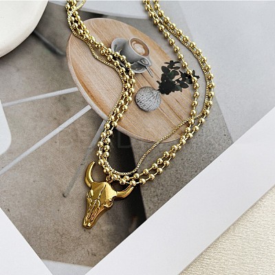 Brass Cattle Head Pendant 304 Stainless Steel Chain 3-Strand Necklaces for Women WG2675A-01-1