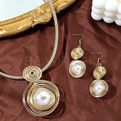 Oval Aluminum Wire Wrapped Acrylic Imitation Pearl with Imitation Leather Pendant Necklaces & Dangle Earrings Sets FS-WG4644F-01-1