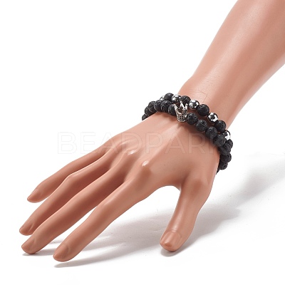 Natural Lava Rock & Non-magnetic Synthetic Hematite Round Beads Energy Power Stretch Bracelets Sett BJEW-JB07051-02-1