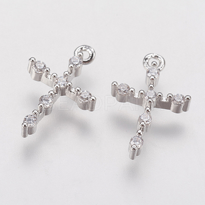 Brass Micro Pave Cubic Zirconia Tiny Cross Charms ZIRC-G133-07P-1