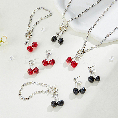 2 Set 2 Color Resin Cherry Pendant Necklace & Charm Bracelet & Dangle Stud Earrings SJEW-FI0001-18-1