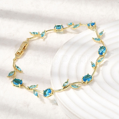 Leaf Brass Micro Pave Cubic Zirconia Link Chain Bracelets for Women BJEW-D455-01G-1