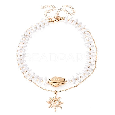 CCB Plastic Sun Pendant Alloy & Imitation Baroque Keshi Pearl Double Layer Necklaces for Women NJEW-Z116-01G-1