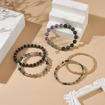 5Pcs 5 Style Natural Mixed Gemstone Beaded Stretch Bracelets Set BJEW-JB09002-1