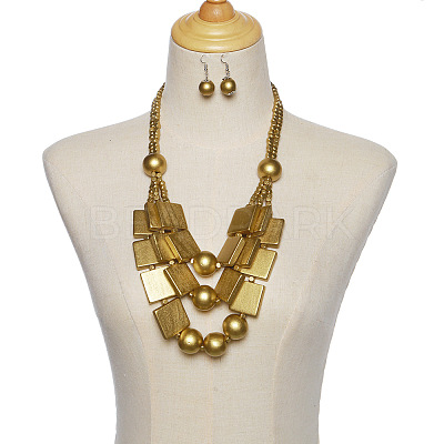 Wood Rectangle & Round Beaded Multilayer Necklaces & Dangle Earrings Sets FS-WG1E68D-07-1