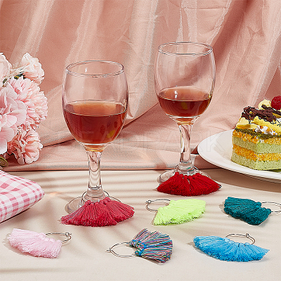 18Pcs 18 Colors Polycotton Tassel Fan Shape Wine Glass Charms AJEW-BC0003-93-1