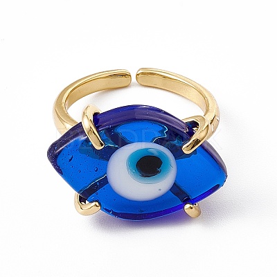 Lampwork Oval with Evil Eye Open Cuff Ring RJEW-I086-13G-1