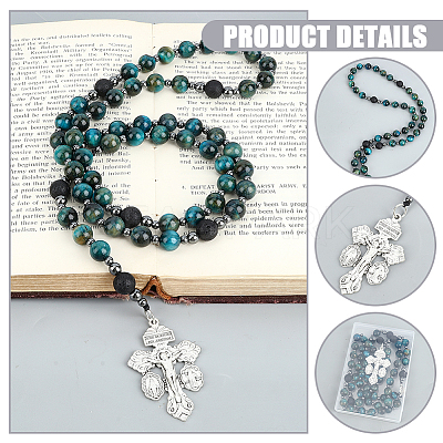 Dyed Natural Cadet Blue Tiger Eye & Synthetic Non-Magnetic Hematite & Lava Rock Round Rosary Bead Necklaces HJEW-DC00192-1