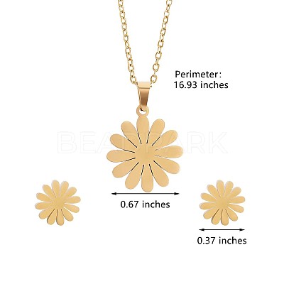 316 Surgical Stainless Steel Daisy Stud Earrings and Pendant Necklace JX377A-1