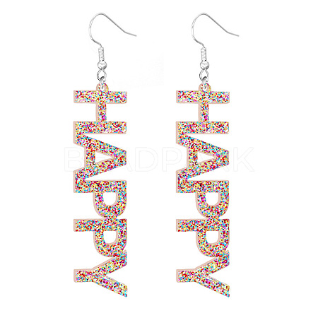 Bling Acrylic Word Happy Dangle Earrings GIPO-PW0001-017G-1