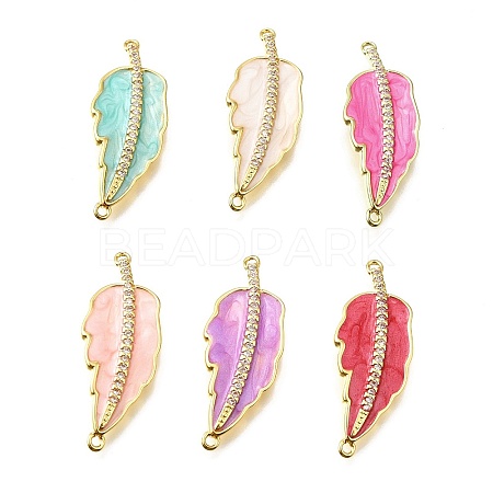 Brass Micro Pave Clear Cubic Zirconia Enamel Leaf Connector Charms KK-V011-25G-1