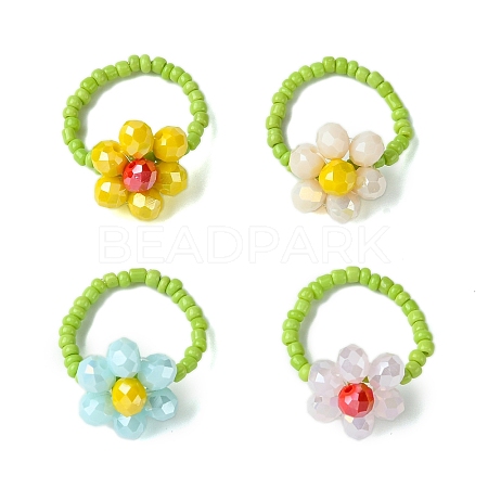 4Pcs 4 Colors Flower Glass Beads Stretch Rings Sets for Women RJEW-TA00141-1