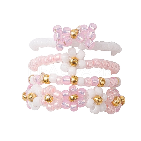 4Pcs 4 Style Glass Seed Beaded Stretch Finger Rings RJEW-JR00661-04-1