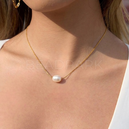 Natural Freshwater Pearl Rice Pendant 304 Stainless Steel Chain Necklaces for Women EG9646-1