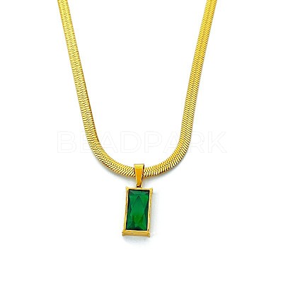 Stainless Steel Green Cubic Zirconia Rectangle Pendant Necklaces for Women WGBD318-01-1