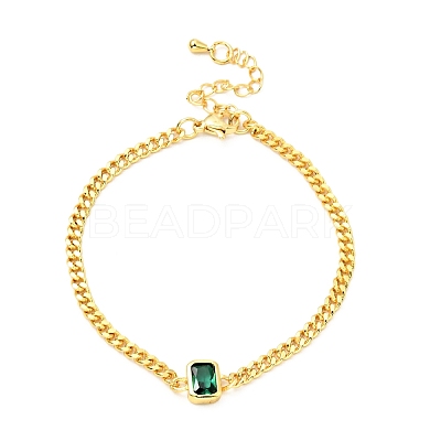Cubic Zirconia Rectangle Link Bracelet with Curb Chains BJEW-A127-07G-1
