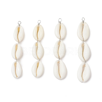 3 Natural Cowrie Shell Beaded Big Pendants PALLOY-JF03807-1