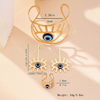 Hollow Out Evil Eye Alloy Resin Cuff Bangles & Cuff Rings & Stud Earrings Sets FS-WG3F92B-01-1