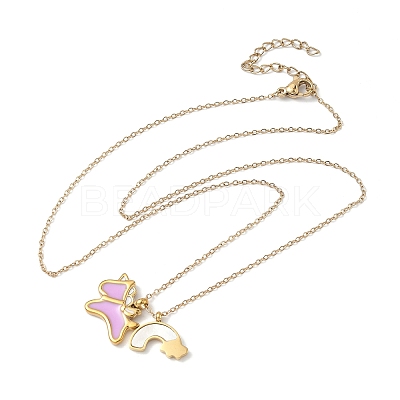 304 Stainless Steel Pearl Pink Enamel & Natural White Shell Pendant Unicorn Rainbow Pendant Necklaces for Women NJEW-M101-02G-1