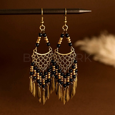 Vintage Bohemian Tassel Alloy & Resin Beaded Chandelier Earrings LS-EJEW-G466-03AB-1