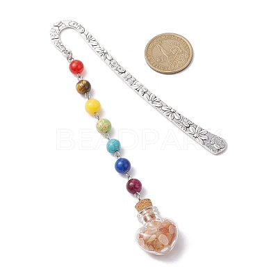 7 Chakra Gemstone Bead & Natural Red Aventurine Glass Heart Wishing Bottle Pendant Bookmarks AJEW-JK00313-03-1